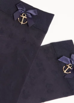 Short Socks^Calzedonia 15 Denier Patterned Sheer Ankle Socks With Bow 5082 - Anchor Blue And Bow