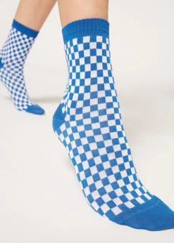 Short Socks^Calzedonia Check Pattern Short Socks 9652 - Blue Check
