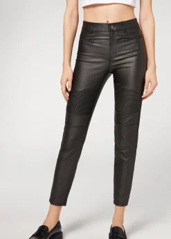 Trousers^Calzedonia Coated-Effect Skinny Biker Leggings 019 - Black