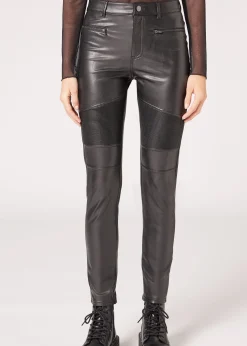 Trousers^Calzedonia Coated-Effect Thermal Skinny Biker Leggings 019 - Black