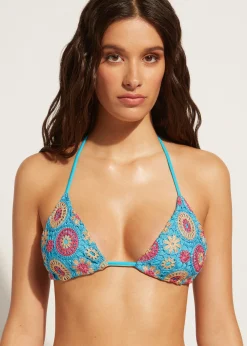 Bikini^Calzedonia Crochet Slide Triangle Bikini Top Capri 634C - Turquoise Green Crochet