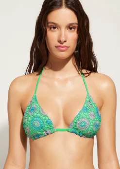 Bikini^Calzedonia Crochet Slide Triangle Bikini Top Capri 635C - Shiny Green Crochet