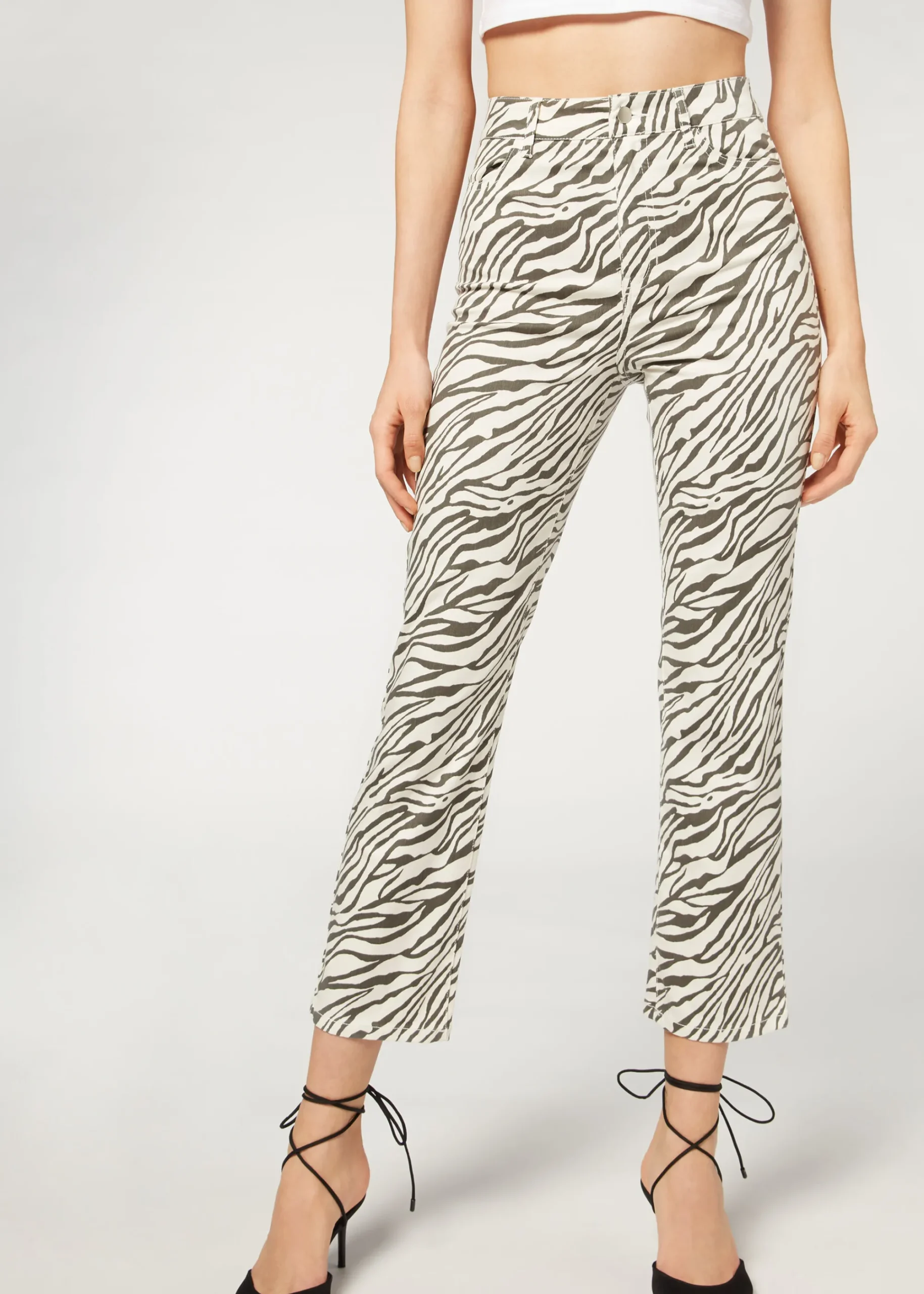 Trousers^Calzedonia Cropped Flared High Waist Jeans 5223 - Zebra Print