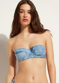 Bikini^Calzedonia Denim Padded Bandeau Bikini Top Ibiza 726C - Denim Patchwork