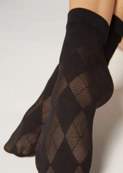 Short Socks^Calzedonia Diamond-Patterned Mesh Short Socks 5158 - Black College Diamond