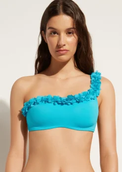 Bikini^Calzedonia Floral One-Shoulder Bandeau Bikini Top Honolulu 708C - Turquoise Green Flowers