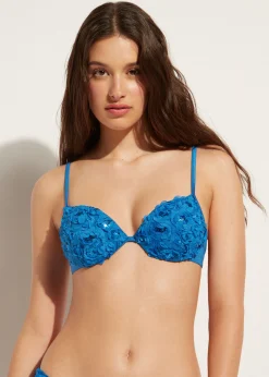 Bikini^Calzedonia Floral Padded Push-Up Bikini Top Parigi 699C - Blue Roses
