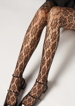 Patterned Tights^Calzedonia Floral-Patterned Fishnet Tights 5247 - Black Flower Mesh
