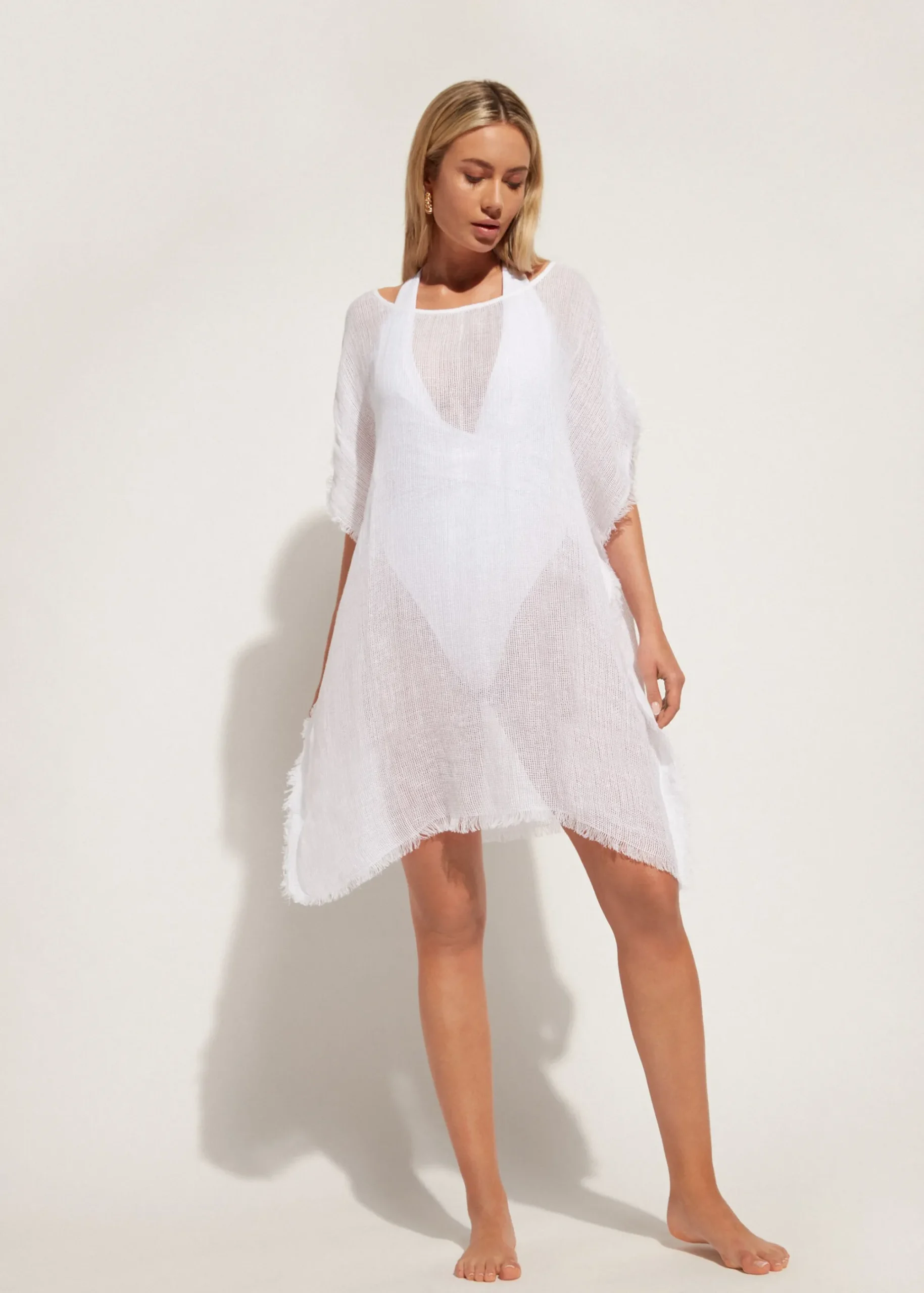 Beachwear^Calzedonia Fringed Linen Mesh Kaftan 01 - White