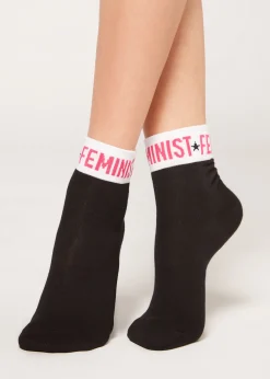 Short Socks^Calzedonia Girl Power Print Short Socks 9760 - Black Girl Power Feminist