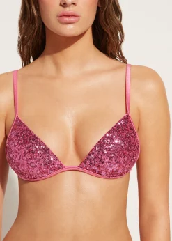Bikini^Calzedonia Graduated Padded Triangle Bikini Top Cannes 620C - Pink Sequin