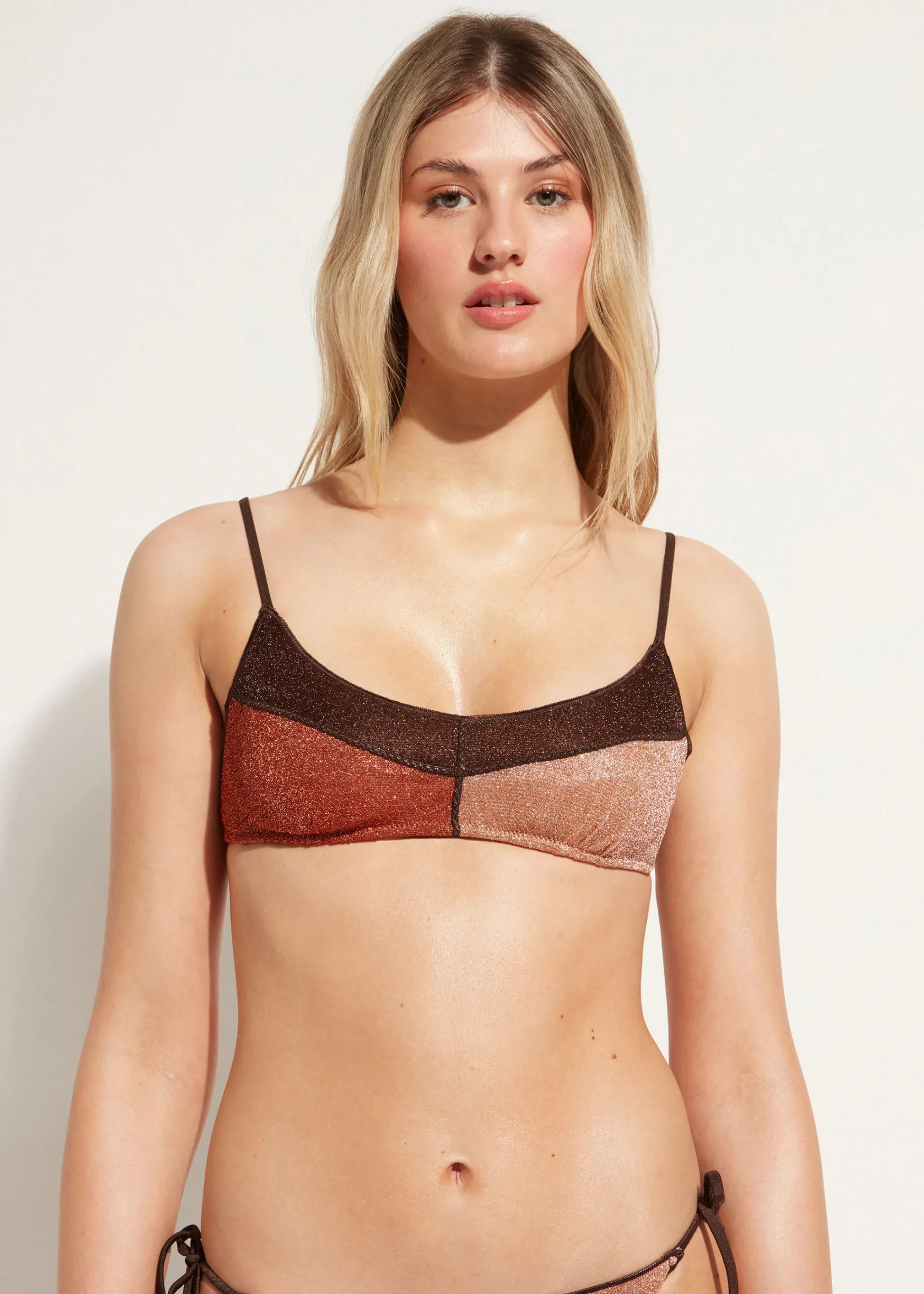 Bikini^Calzedonia Lame Brassiere Bikini Top Lisbona 707C - Brown Patchwork
