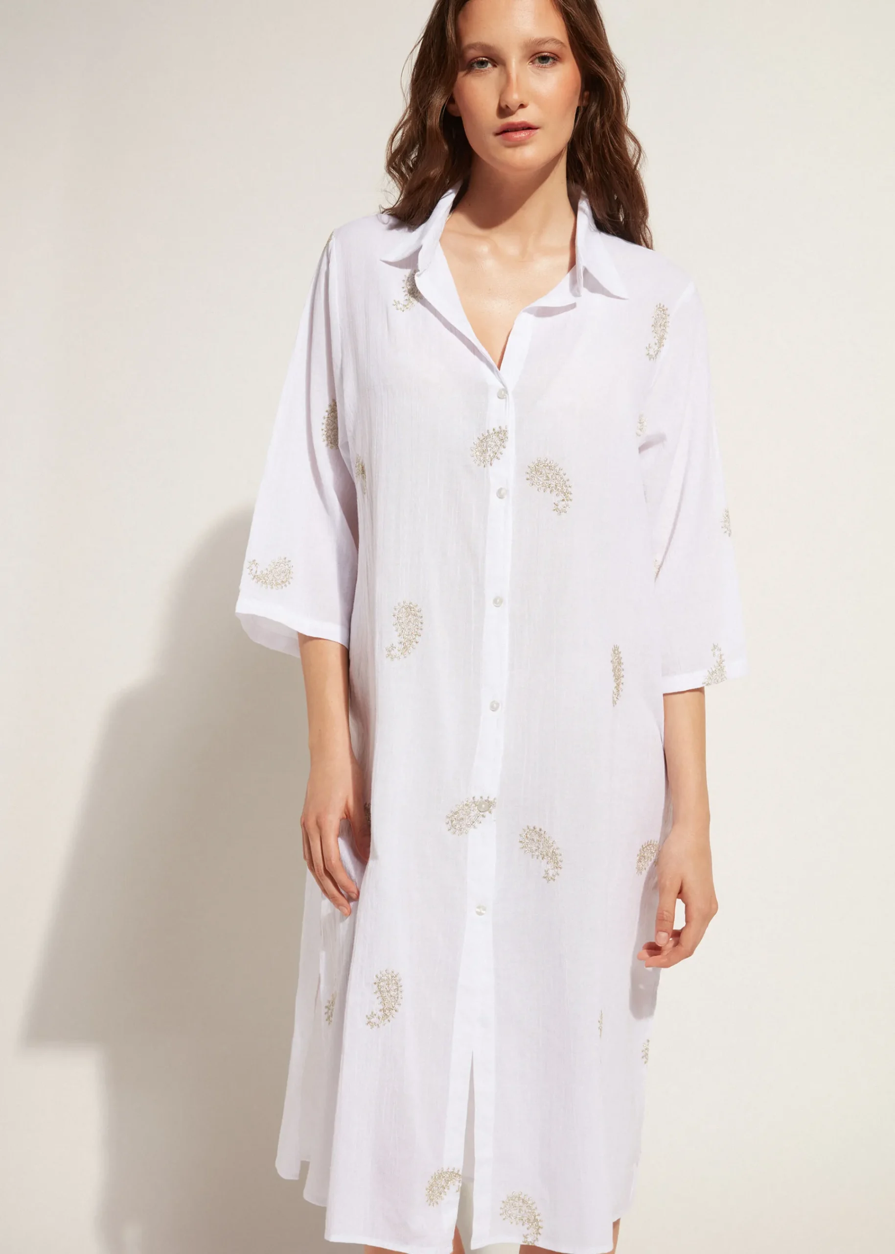 Beachwear^Calzedonia Lame Paisley Embroidery Midi Shirt 01 - White