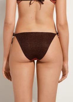 Bikini^Calzedonia Lame Tie Bikini Bottoms Lisbona 707C - Brown Patchwork