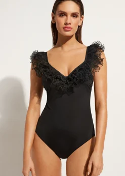 One-Piece Swimswuits^Calzedonia Lightly Padded Swimsuit Singapore 701C - Black Ruffle