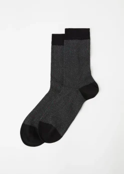 Short Socks^Calzedonia Men's Geometric Pattern Crew Socks 9734 - Black Herringbone