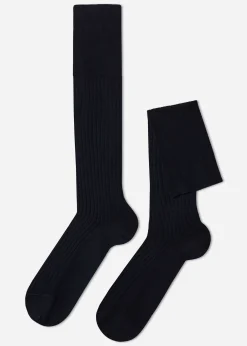 Long Socks^Calzedonia Men's Long Ribbed Lisle Thread Socks 016 - Blue