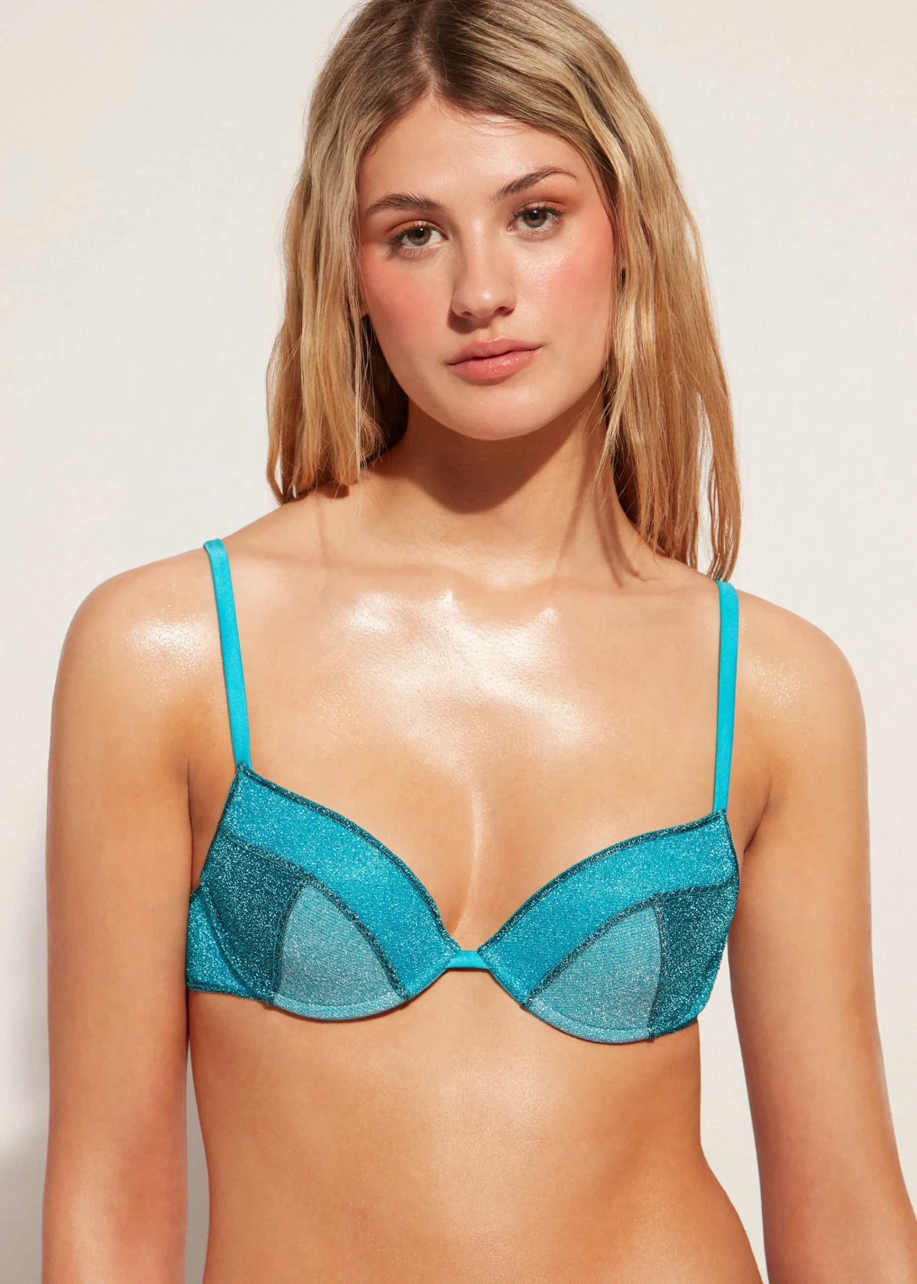 Bikini^Calzedonia Padded Push-Up Bikini Top Lisbona 706C - Turquoise Green Patchwork