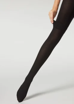 Patterned Tights^Calzedonia Ribbed Longuette Effect Tights With Cashmere 4712 - Black Longuette Cashmere Ribbed
