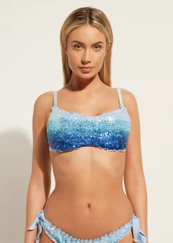 Bikini^Calzedonia Sequin Brassiere Bikini Top Seychelles 697C - Light Blue Degrade Sequin