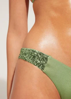Bikini^Calzedonia Sequin High-Leg Brazilian Bikini Bottoms Cannes 622C - Paillettes Desert Green