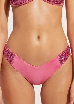 Bikini^Calzedonia Sequin High-Leg Brazilian Bikini Bottoms Cannes 620C - Pink Sequin