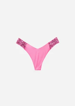 Bikini^Calzedonia Sequin High-Leg Brazilian Bikini Bottoms Cannes 620C - Pink Sequin